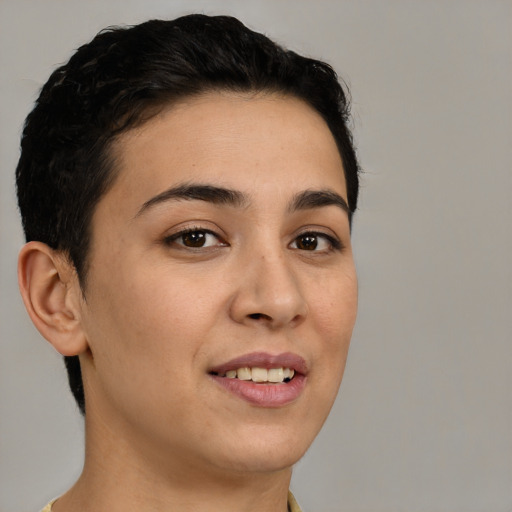 Joyful white young-adult female with short  brown hair and brown eyes