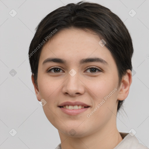 Joyful white young-adult female with short  brown hair and brown eyes