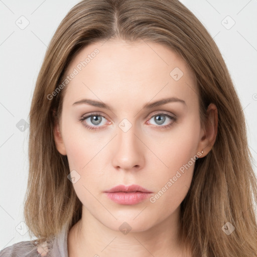 Neutral white young-adult female with long  brown hair and grey eyes