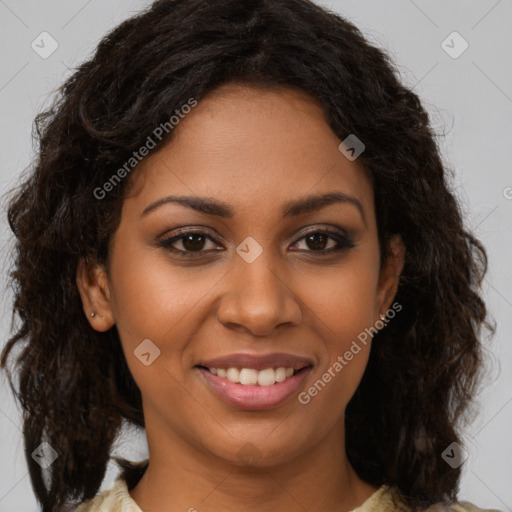 Joyful black young-adult female with medium  brown hair and brown eyes