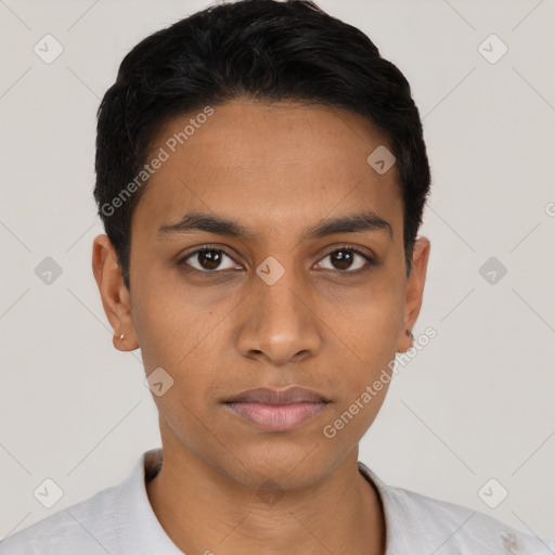 Neutral latino young-adult male with short  black hair and brown eyes