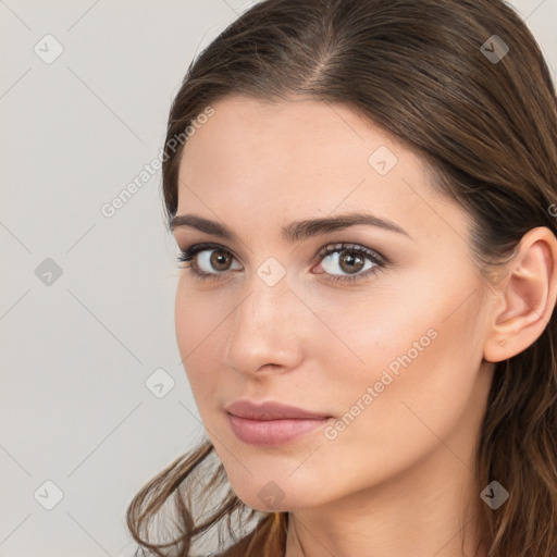 Neutral white young-adult female with long  brown hair and brown eyes