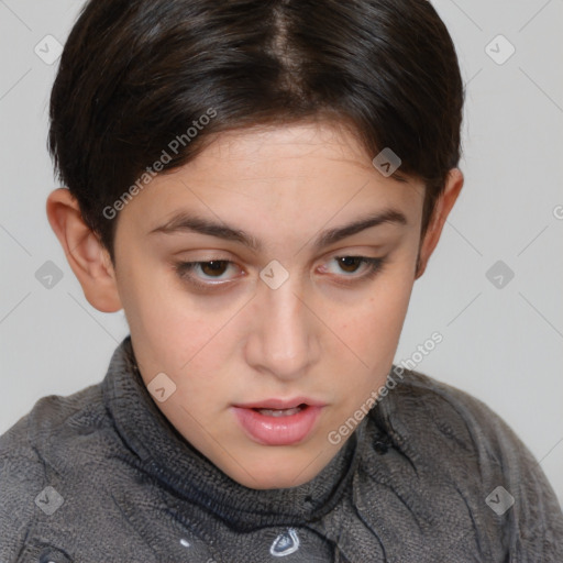 Neutral white young-adult female with short  brown hair and brown eyes