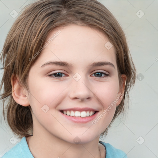 Joyful white child female with medium  brown hair and grey eyes