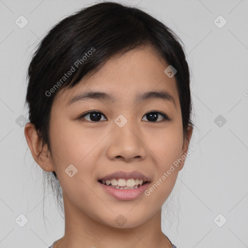 Joyful asian young-adult female with medium  black hair and brown eyes