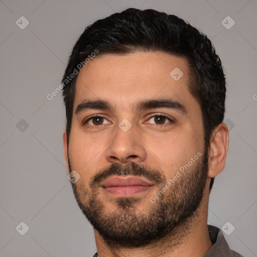 Neutral white young-adult male with short  black hair and brown eyes