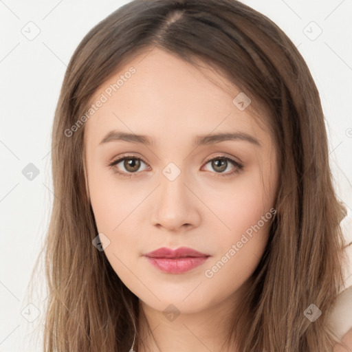 Neutral white young-adult female with long  brown hair and brown eyes