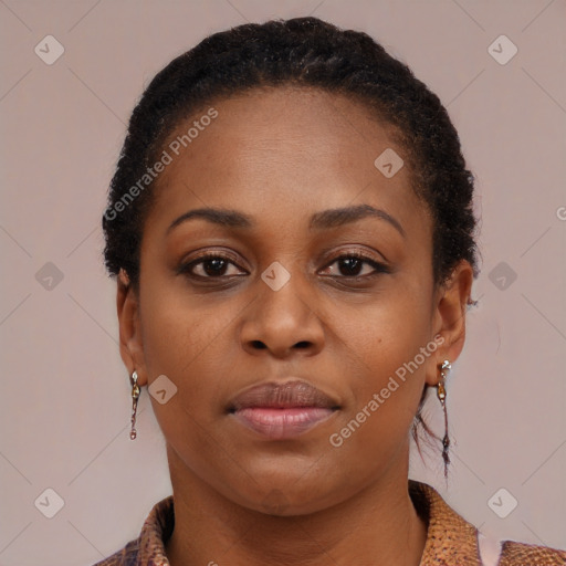 Neutral black young-adult female with short  brown hair and brown eyes