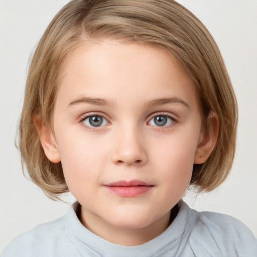 Neutral white child female with medium  brown hair and blue eyes