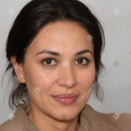 Joyful white adult female with medium  brown hair and brown eyes