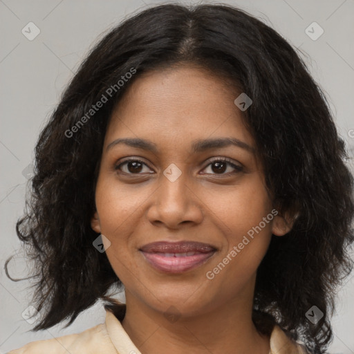 Joyful black young-adult female with medium  brown hair and brown eyes