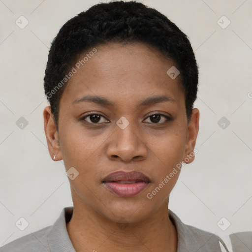 Neutral black young-adult female with short  black hair and brown eyes