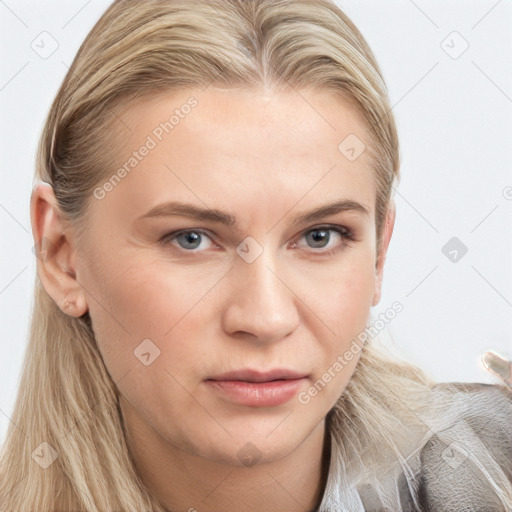 Neutral white young-adult female with long  brown hair and blue eyes