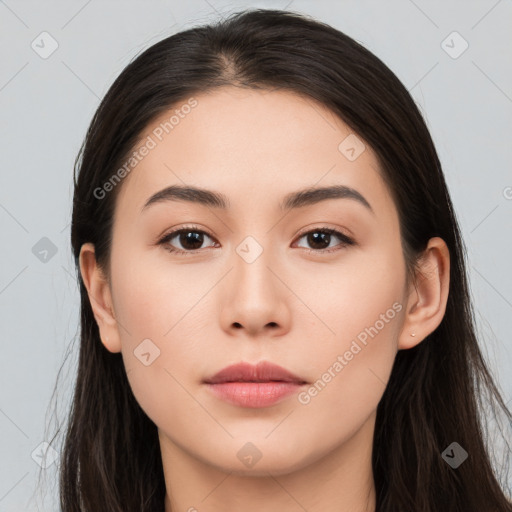 Neutral white young-adult female with long  brown hair and brown eyes