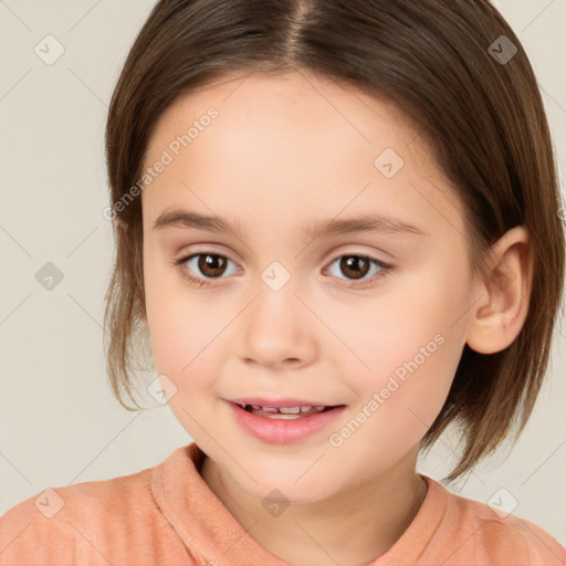 Joyful white child female with medium  brown hair and brown eyes