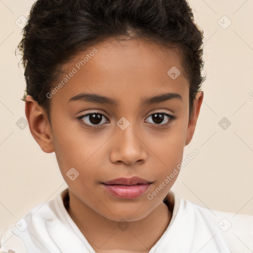 Joyful white child female with short  brown hair and brown eyes