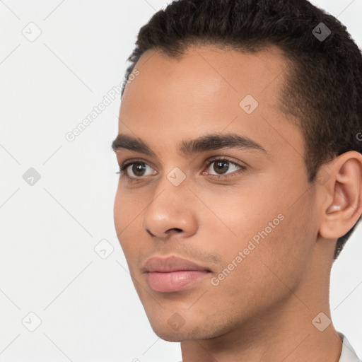 Neutral white young-adult male with short  brown hair and brown eyes