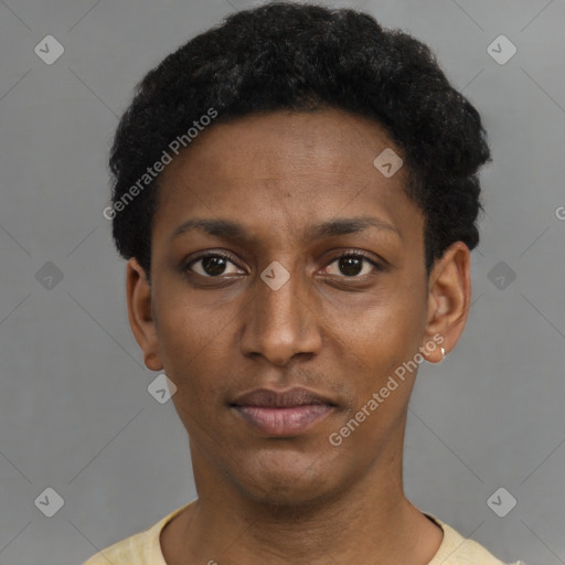 Neutral latino young-adult male with short  black hair and brown eyes