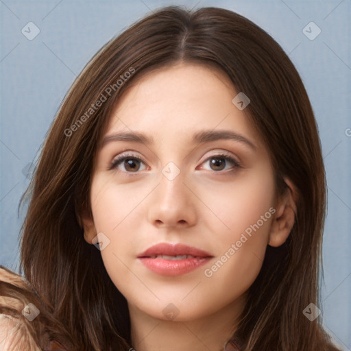 Neutral white young-adult female with long  brown hair and brown eyes