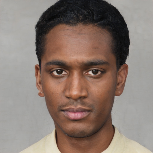 Neutral black young-adult male with short  black hair and brown eyes