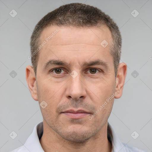 Neutral white adult male with short  brown hair and brown eyes