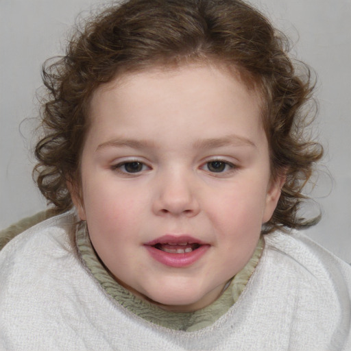 Neutral white child female with medium  brown hair and blue eyes