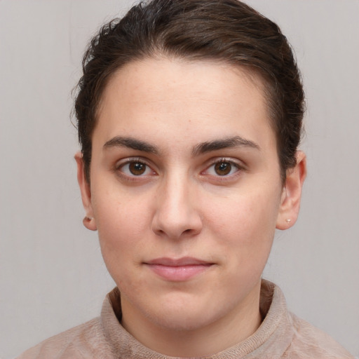 Neutral white young-adult female with short  brown hair and brown eyes