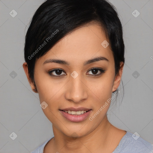 Joyful asian young-adult female with short  black hair and brown eyes