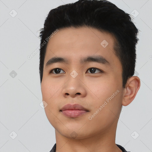 Neutral asian young-adult male with short  black hair and brown eyes