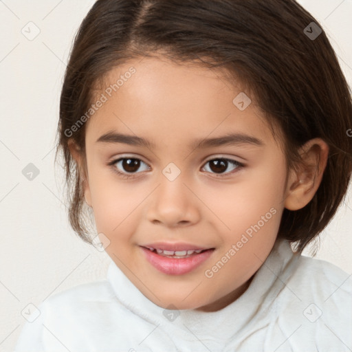 Joyful white child female with medium  brown hair and brown eyes