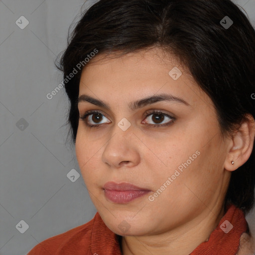 Neutral white young-adult female with medium  brown hair and brown eyes