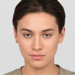 Neutral white young-adult female with short  brown hair and brown eyes