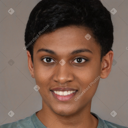 Joyful latino young-adult female with short  brown hair and brown eyes