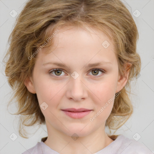 Joyful white child female with medium  brown hair and brown eyes