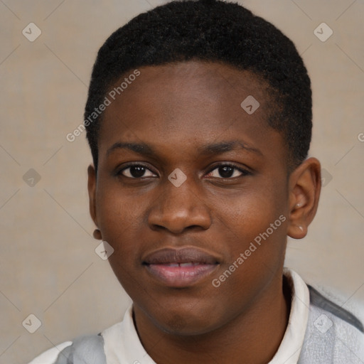 Joyful black young-adult male with short  brown hair and brown eyes