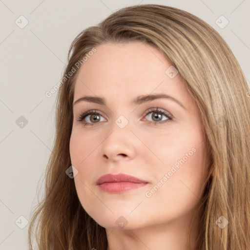 Neutral white young-adult female with long  brown hair and brown eyes