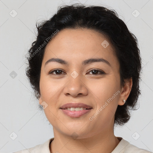 Joyful asian young-adult female with short  brown hair and brown eyes