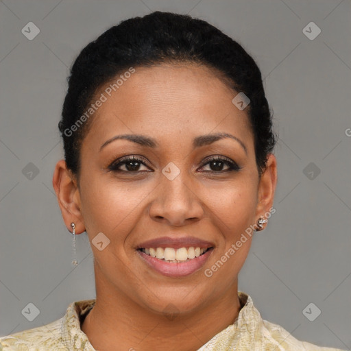 Joyful latino young-adult female with short  black hair and brown eyes