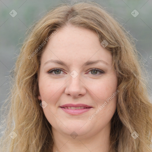 Joyful white young-adult female with medium  brown hair and green eyes