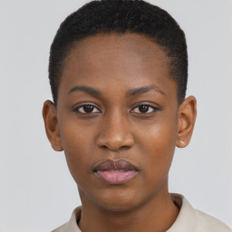 Neutral black young-adult female with short  black hair and brown eyes