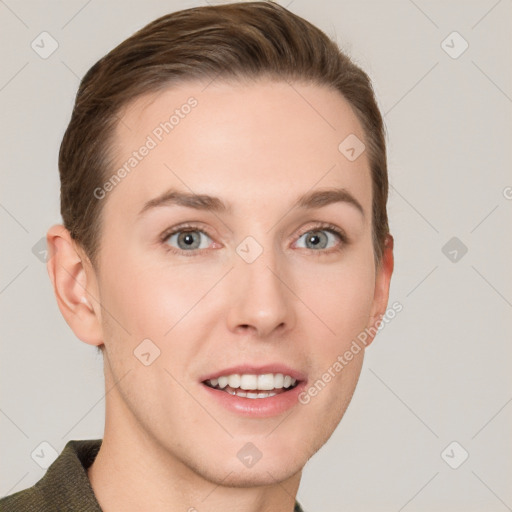 Joyful white young-adult female with short  brown hair and grey eyes