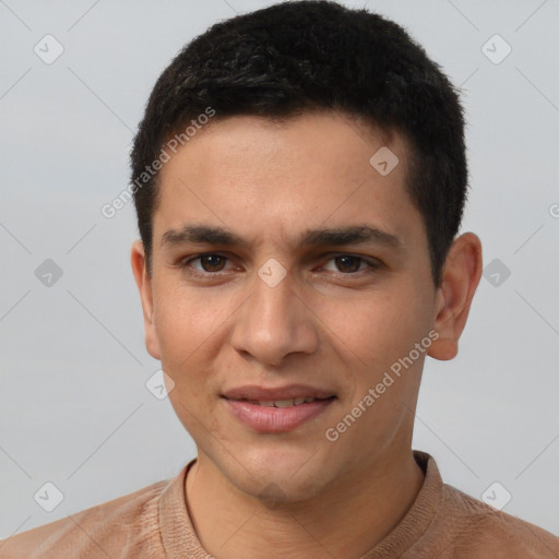 Joyful white young-adult male with short  black hair and brown eyes