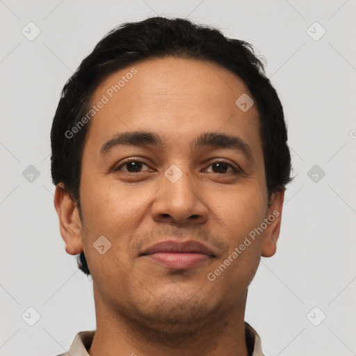 Neutral latino young-adult male with short  black hair and brown eyes