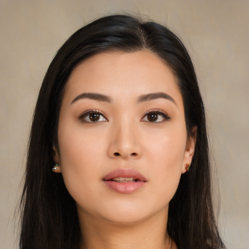 Neutral asian young-adult female with long  black hair and brown eyes
