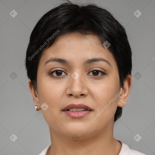 Joyful asian young-adult female with short  brown hair and brown eyes