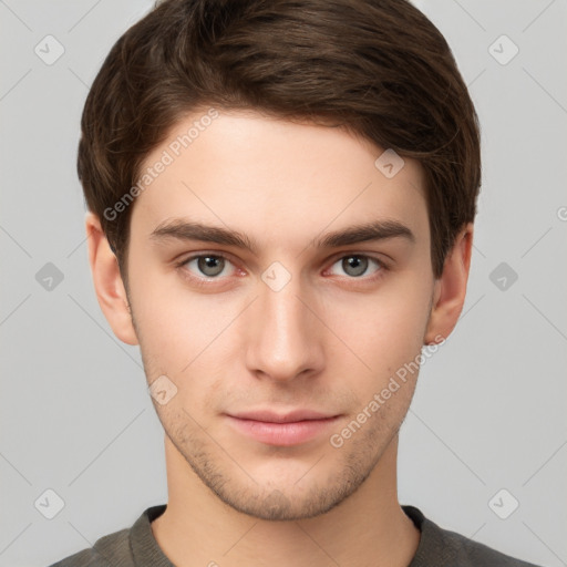 Neutral white young-adult male with short  brown hair and brown eyes