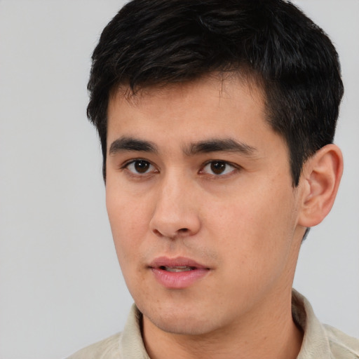 Neutral white young-adult male with short  black hair and brown eyes