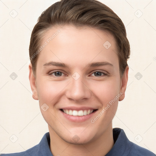 Joyful white young-adult female with short  brown hair and grey eyes