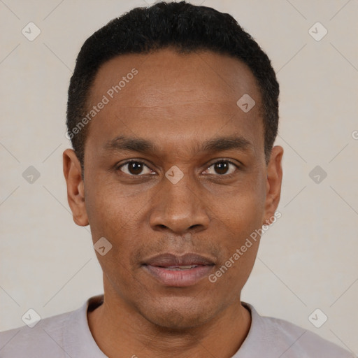 Neutral black young-adult male with short  black hair and brown eyes