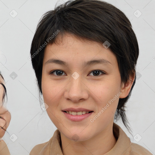 Joyful white young-adult female with medium  brown hair and brown eyes